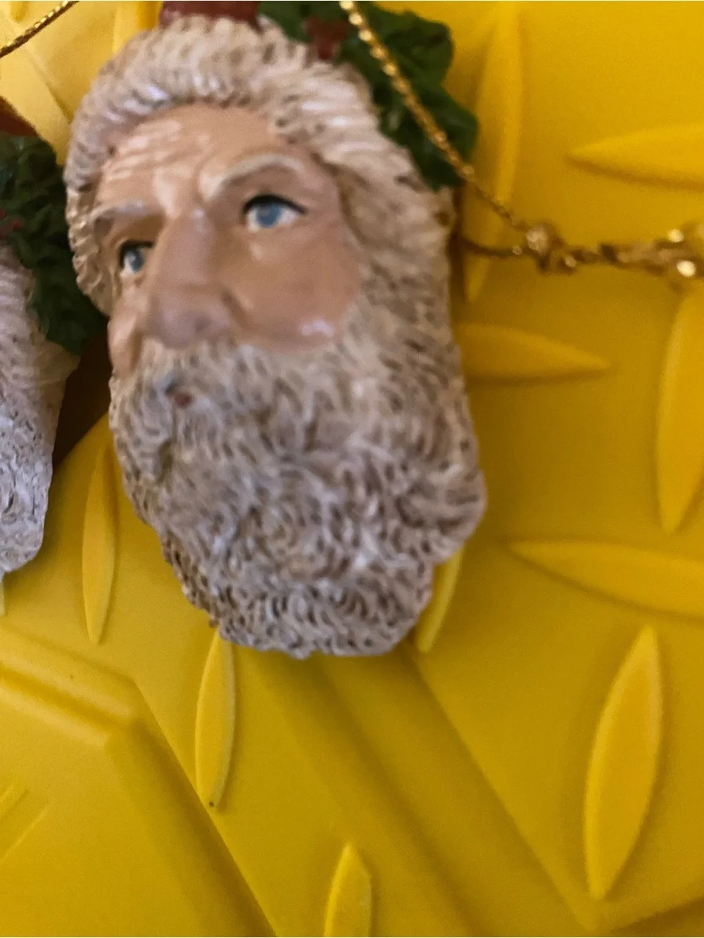 2 Vintage Hand-Painted Santa Face Resin Folk Art  Signed Christmas Ornaments